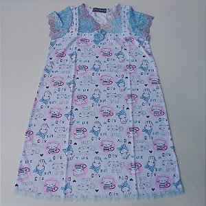 Camisola infantil Princesa encantada Estampa gatinha | Manga na renda barrada Azul e Rosê Golden