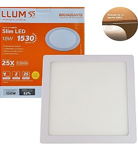 Painel LED Slim Embutir Quadrado 18W 1400 Lumens Branco Quente 3000K Bivolt 22,5cm LLUM Bronzearte