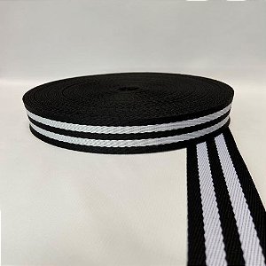 ALÇA 40MM 2 LISTRAS GROSSA COR PRETA LISTRA BRANCA (METRO)