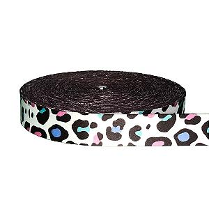 ALÇA ACETINADA 30MM ESTAMPADA COR ONÇA COLORIDA 1 METRO