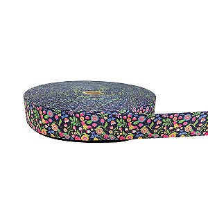 ALÇA ACETINADA 30MM ESTAMPADA COR FLORAL MARINHO 1 METRO