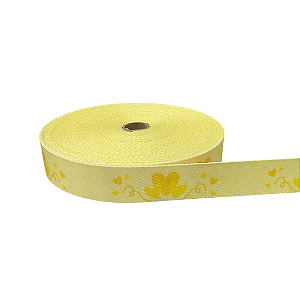 ALÇA ACETINADA 30MM ESTAMPADA COR CORAÇÃO AMARELO 1 METRO