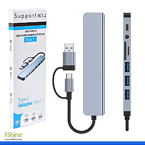 Adaptador Multi Splitter para Macbook Pro Air PC, Hub USB C, 8 em 1, Tipo C para USB 2.0, USB 3.0, Tomada de Áudio, SD, Leitor de Cartão TF, 3,5mm