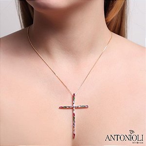 Gargantilha crucifixo fino pedras coloridas