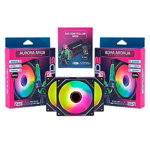 Kit com 3 Fans ARGB Reverse Aurora Round5 e Controladora.