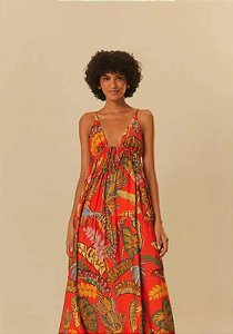 FARM VESTIDO LONGO FOLHAGEM COOL VERMELHO
