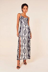MYPLACE VESTIDO LONGO COM FENDA LATERAL MIX ESTAMPA NAVAJO PRETO