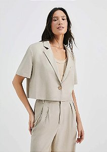 HERING BLAZER FEMININO CROPPED MANGA CURTA COM LINHO - BEGE