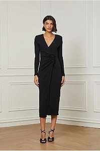 ANIMALE VESTIDO MIDI MANGA LONGA DE CREPE DECOTE V TRANSPASSADO COM FRANZIDO NA LATERAL PRETO