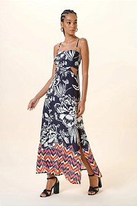 MYPLACE VESTIDO LONGO DECOTE RETO RECORTE NAS LATERAIS ESTAMPA DESENHO DE FLORES