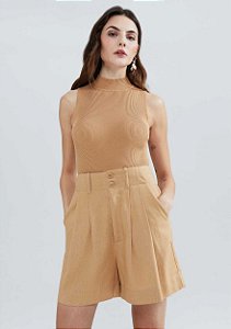 HERING SHORTS FEMININO EM ALFAIATARIA COM LINHO - BEGE