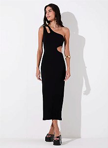 SOMMER VESTIDO MIDI SLIM CANELADO CUT OUT ASSIMÉTRICO PRETO
