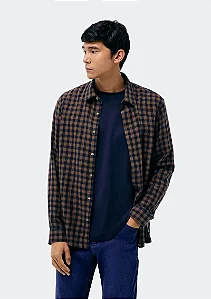 HERING CAMISA MASCULINA MANGA LONGA XADREZ EM LINHO - MARROM