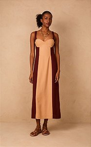 DRESS TO VESTIDO LINHO MIDI BICOLOR - MARROM CAFEINA / BEGE LEME
