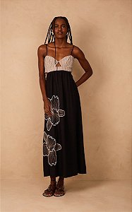 DRESS TO VESTIDO LINHO BORDADO BUSTO LISTRADO - PRETO