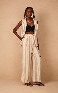 DRESS TO CALÇA LINHO LISTRADO ELÁSTICO COSTAS CRU