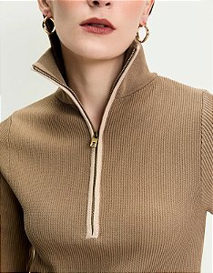 SHOULDER BLUSA TRICOT BICOLOR ZIPER  BEGE 360