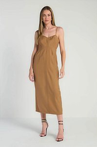 MYPLACE VESTIDO MIDI PESPONTOS - PRETO / CARAMELO