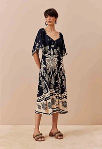 CACAY VESTIDO MIDI MANGA AMPLA ESTAMPADO ARBOL DE COCO