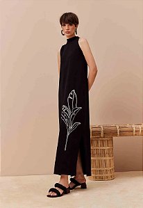 CACAY VESTIDO LONGO GOLA ALTA SILK FOLHAGEM