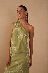 DRESS TO BLUSA LINHO ASSIMÉTRICA BORDADO FOLHAS - VERDE NATUREZA