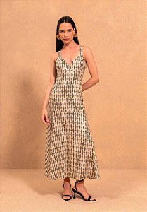 LEZ A LEZ VESTIDO ESTAMPADO DE ALÇAS CHÁ COM DECOTE EM V