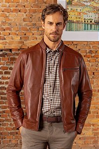 JVL 310 - JAQUETA COURO SLIM ZIPER PEITO COUNTRY CARAMELO TAM GG
