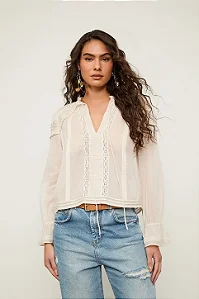 ANIMALE BLUSA DE ALGODAO MANGA LONGA DETALHE NERVURAS BEGE