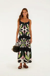 FARM VESTIDO LONGO ESTAMPADO ARARA DE FLOR