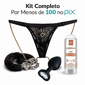 Kit Sensual Casal Completo com Calcinha Preta, Algema Preta, Plug P e Lubrificante Hot