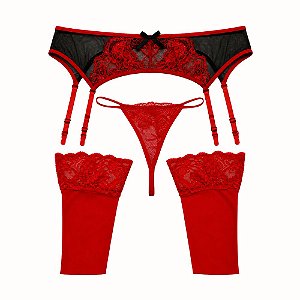 Conjunto Sensual Vermelho com Cinta-Liga em Tule Preto, Calcinha Fio e Meias 7/8