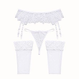 Conjunto Sensual Branco com Cinta-Liga em Renda, Calcinha Fio e Meias 7/8