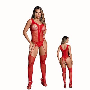 Macacão Bodystocking Arrastão Vermelho com Efeito Cinta-Liga + Calcinha