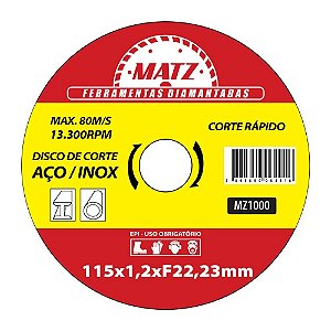 Disco Corte Rápido Aço Inox 22,23mm X 115mm Matz