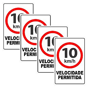 Kit 4 Placa Aviso Velocidade Máxima 10km/h 30cmx20cm PVC