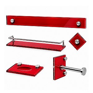 Kit Banheiro 5 Peças Acessórios Vermelho Vidro 8mm