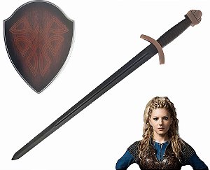 Espada Vikings Lagertha Lâmina Preta e Suporte de Parede.