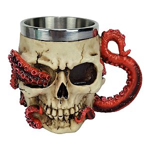 Caneca 3d Resina Caveira com Alça de Polvo  400 mL