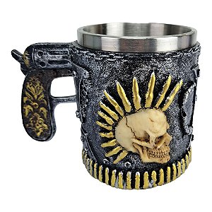 Caneca 3d Resina Caveira Alça Revolver Mexicano 450 mL