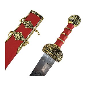 Espada Gladius Romano Bainha Vermelha Couro Lamina Desenhada