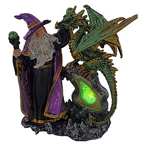 Dragão na Pedra e Mago Merlin - Estátua de Resina com LED