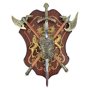 Escudo Brasão Armadura Machados e Espada Medieval