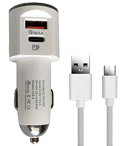 Carregador Veicular Turbo S18-3 HMaston 48W 2/24VDC 5VDC 9.1A Branco com Cabo Tipo C