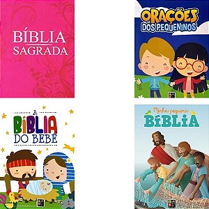 Kit com 4 Livros - Bíblico: Bíblia Católica Rosa + Orações dos Pequeninos + Bíblia do Bebê + Pequena Bíblia de Capa Dura
