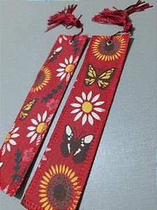 Marcador de Páginas de Tecido com Tassel Personalizado - Girassol (Fundo vermelho)