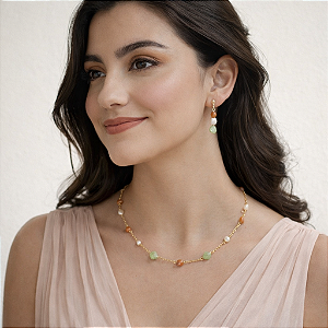 BRINCO COM PÉROLA DE ÁGUA DOCE E PEDRAS NATURAIS "LUZ SERENA"