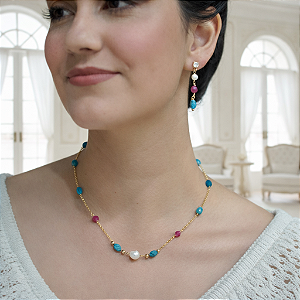 COLAR FEMININO COM APATITA, TURMALINA E PÉROLA "LUMINA"