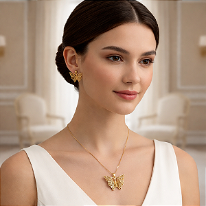 CONJUNTO FEMININO DE COLAR E BRINCOS COM BORBOLETAS "ARABELLA"