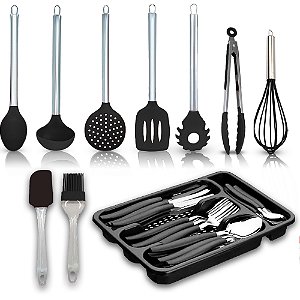 Kit Silicone com Cabo Inox 10 Utensílios de Cozinha