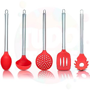 Jogo Kit de Cozinha 5 Pçs de Silicone com Cabo Inox